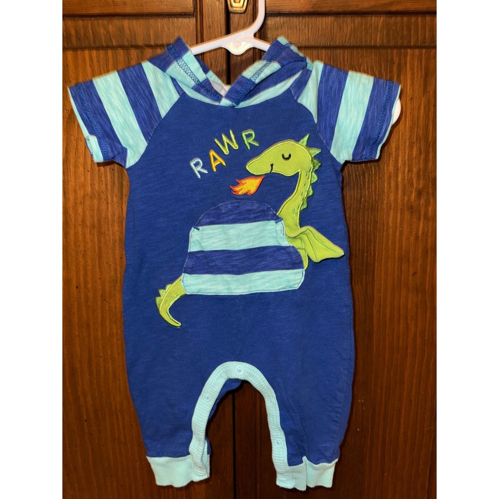Baby Starters Blue Dragon Hooded Romper 3M Striped Dinosaur One Piece